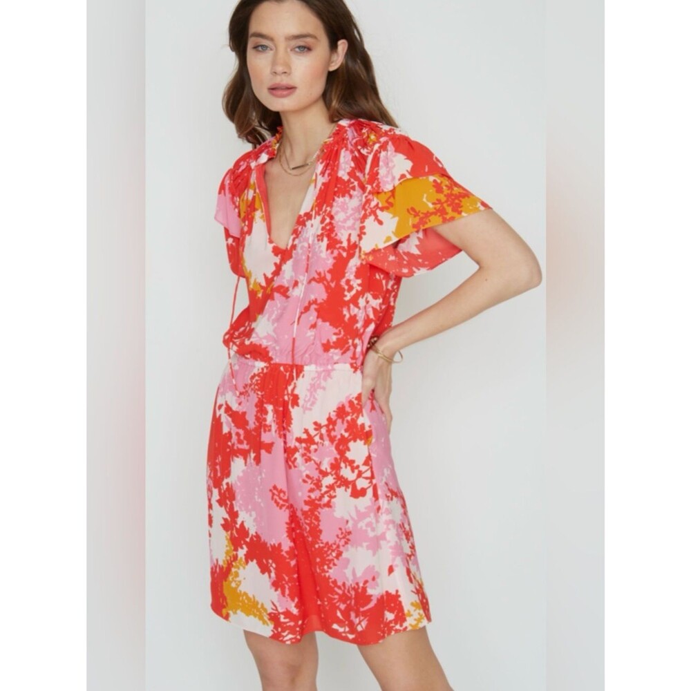 Caballero Silk Blend Floral Mini Dress Medium Pink Red Ruffle Sleeve Resort